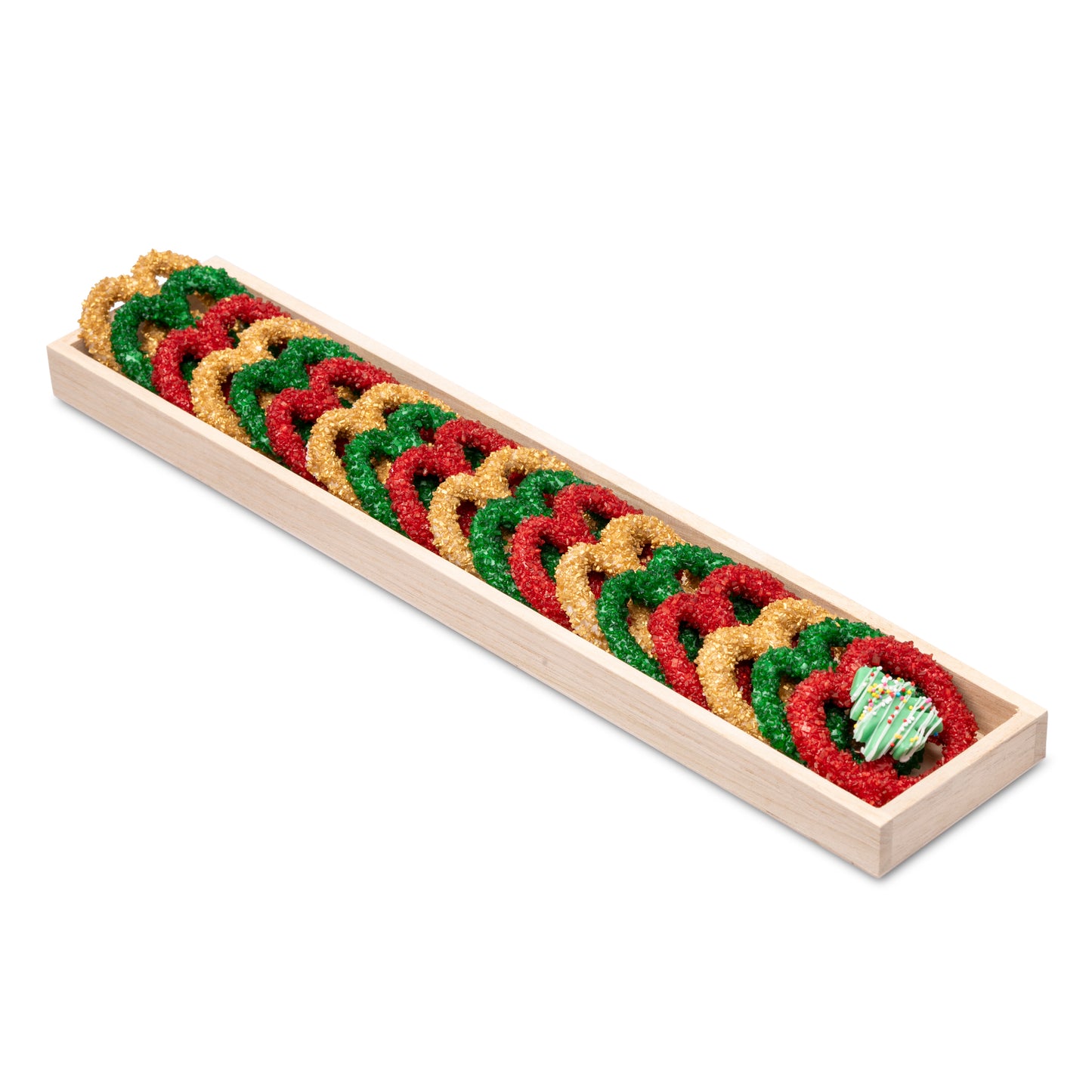 Long Wooden Pretzel Box, Christmas Themed