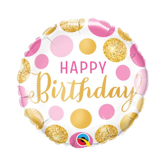 Happy Birthday Balloon - White BG with Pink and Gold Letters and Dots.