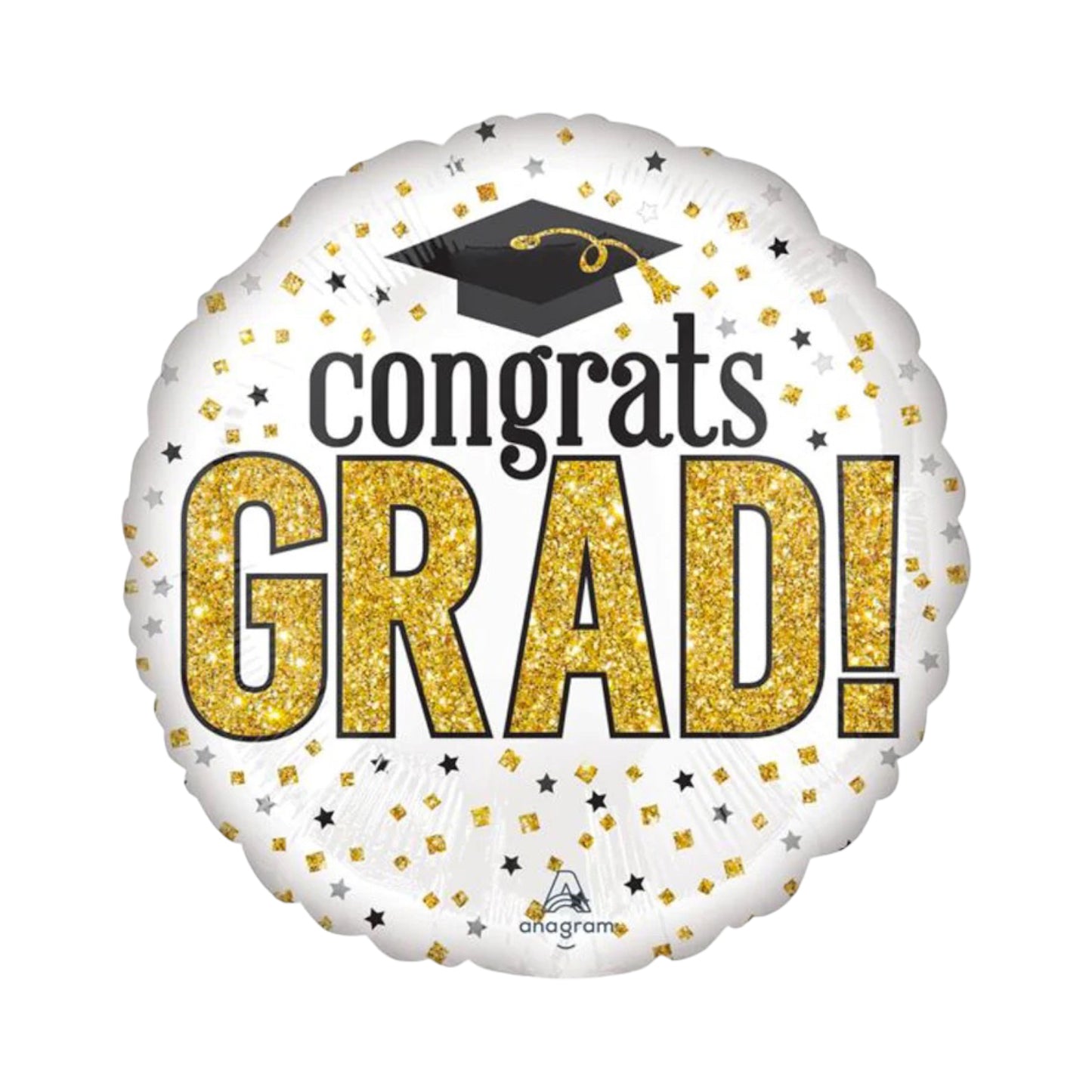 Congrats Grad! Balloon - White, Black and Gold.