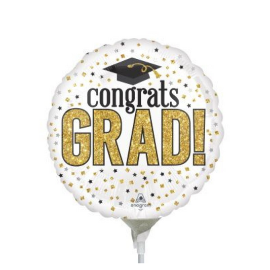 Graduation Balloon, White and Gold (On a Stick, Non Helium)
