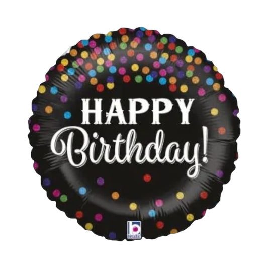 Happy Birthday Balloon - Black BG, White Letters and Colourful Dots.