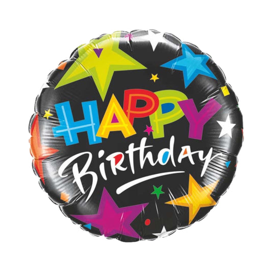 Happy Birthday Balloon - Black BG with Colourful Letters and Stars
