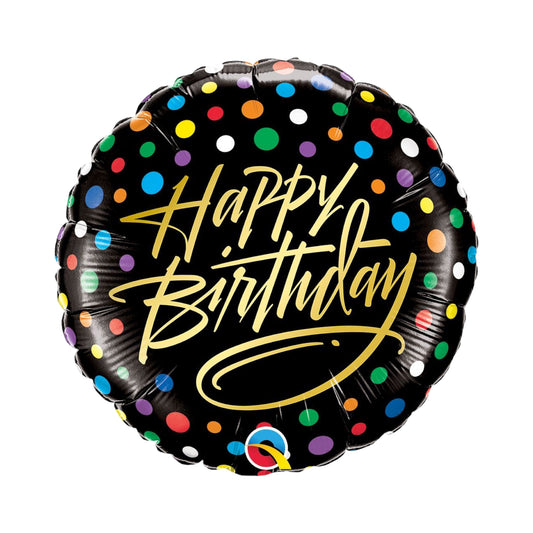Happy Birthday Balloon - Black BG, Gold Letters and Colourful Dots.