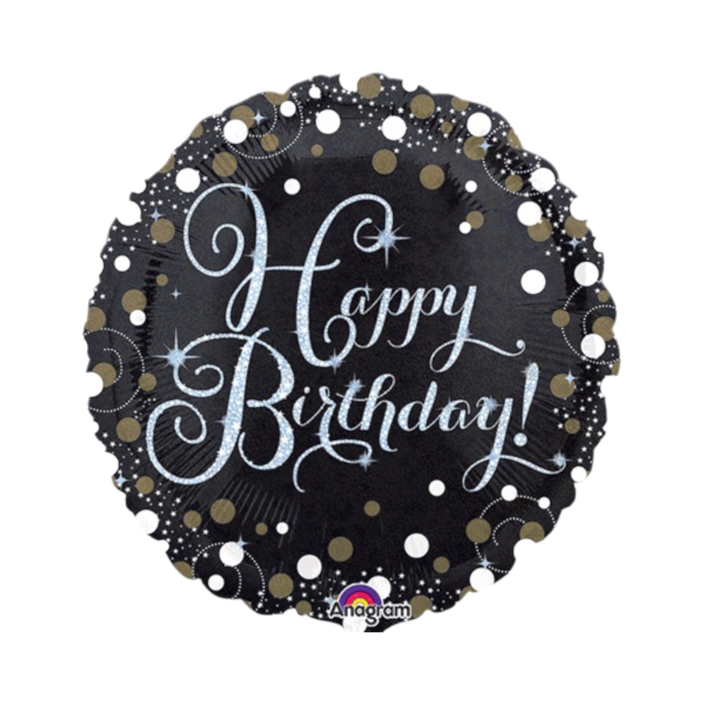 Happy Birthday Balloon - Black BG, Silver Letters and Bronze Dots.