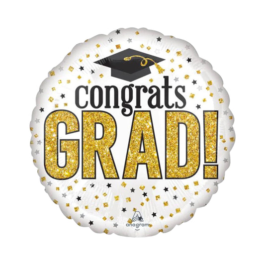 Congrats Grad! Balloon - White, Black and Gold.