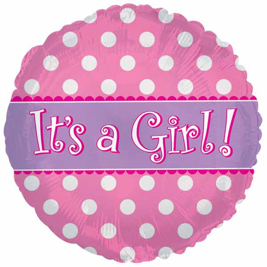 It's A Girl! Balloon - Pink BG and White Dots