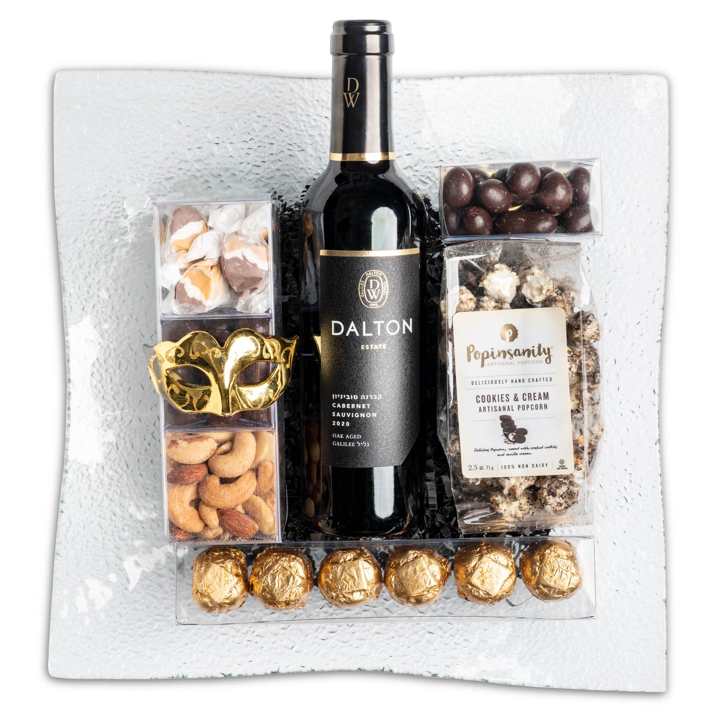 Pebbled Glass Tray with Wine and Treats